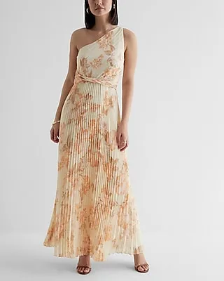 Metallic Floral One Shoulder Twist Front Pleated Maxi Dress