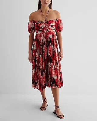 Cocktail & Party Floral Off The Shoulder Halter Pleated Midi Dress Red Women's 4