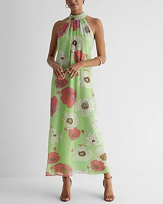 Casual,Cocktail & Party Floral Print Tie Halter Neck Open Back Maxi Dress Green Women's S