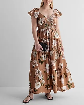 Casual Floral V-Neck Flutter Sleeve Tiered Poplin Maxi Dress Multi-Color Women's S