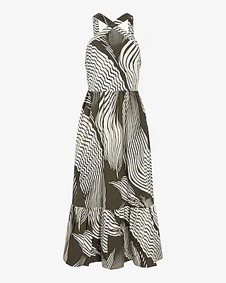 Casual Printed Halter Neck Tiered Poplin Midi Dress