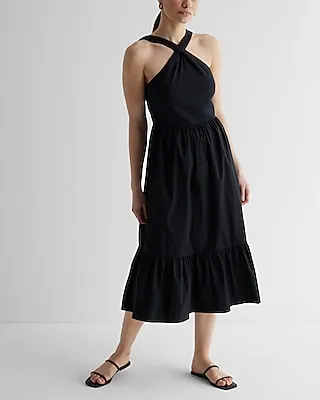 Casual Halter Neck Tiered Poplin Midi Dress