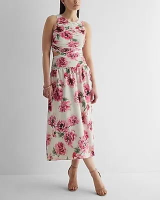 Cocktail & Party Floral High Neck Pleated Cutout Maxi Dress Multi-Color Women's
