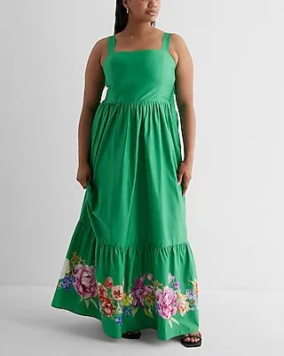Casual Floral Square Neck Bow Back Tiered Maxi Dress Green Women's XS