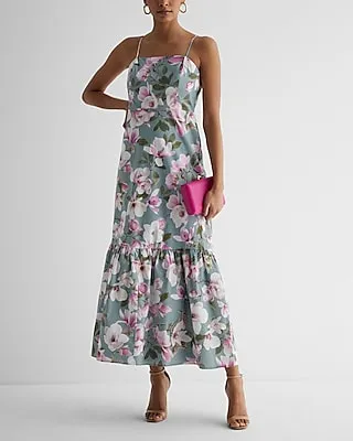Casual Floral Print Square Neck Tiered Poplin Maxi Dress Multi-Color Women's XS