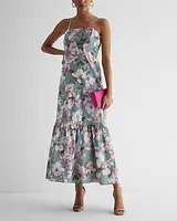 Casual Floral Print Square Neck Tiered Poplin Maxi Dress