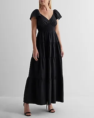 Casual V-Neck Flutter Sleeve Tiered Poplin Maxi Dress Black Women's S