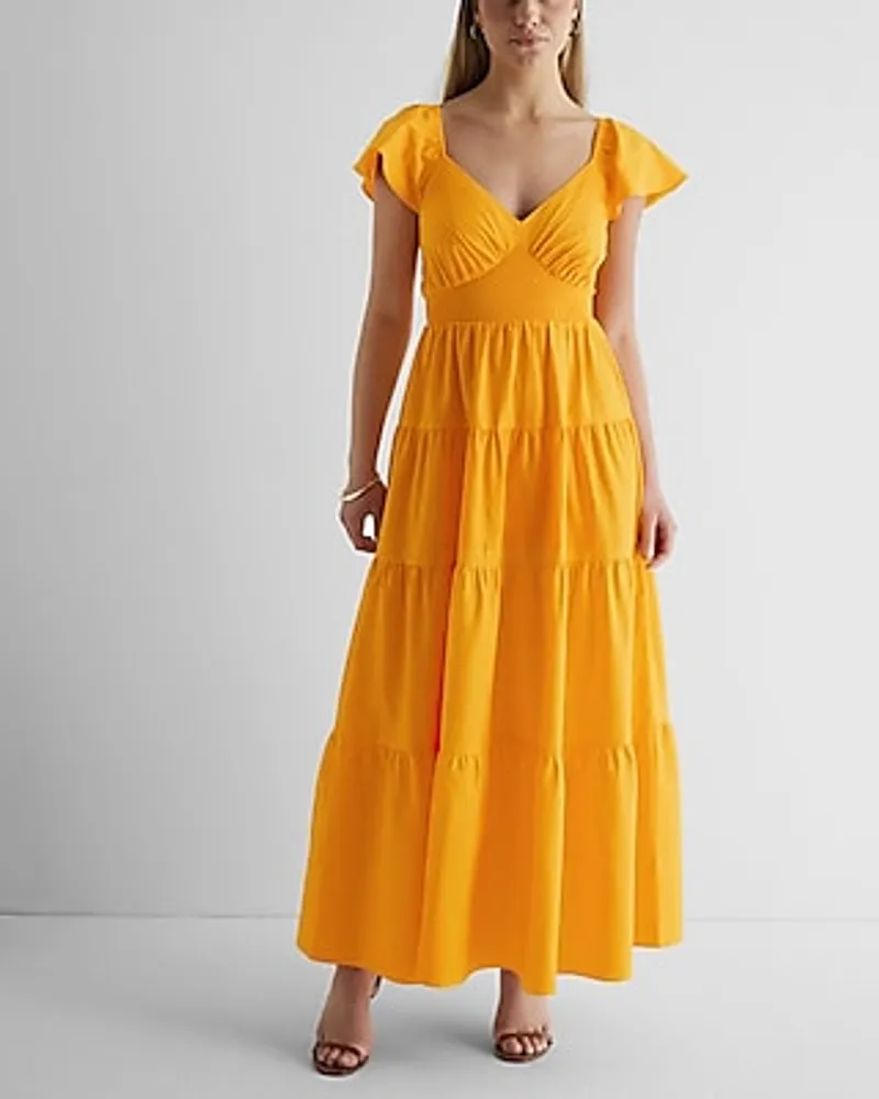 Casual V-Neck Flutter Sleeve Tiered Poplin Maxi Dress Orange Women's XS