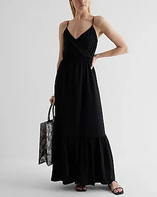 Casual Satin Wrap Front Tiered Maxi Dress Black Women's S