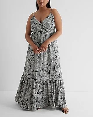 Casual Satin Floral Wrap Front Tiered Maxi Dress