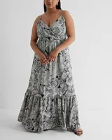 Casual Satin Floral Wrap Front Tiered Maxi Dress