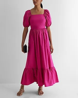 Casual Square Neck Puff Sleeve Tiered Poplin Midi Dress