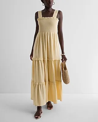 Casual Linen-Blend Square Neck Smocked Tiered Maxi Dress