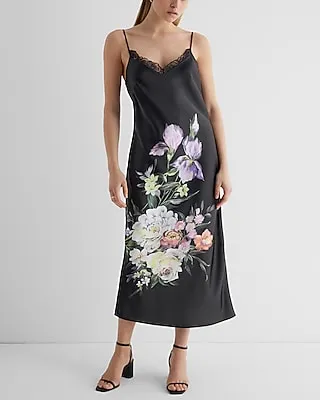 Cocktail & Party Satin Floral Lace Trimmed Midi Slip Dress Multi-Color Women's M