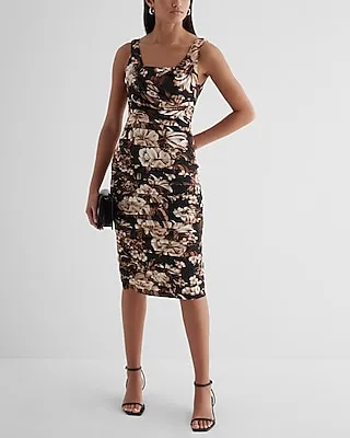 Cocktail & Party Satin Floral Draped Neck Ruched Midi Dress