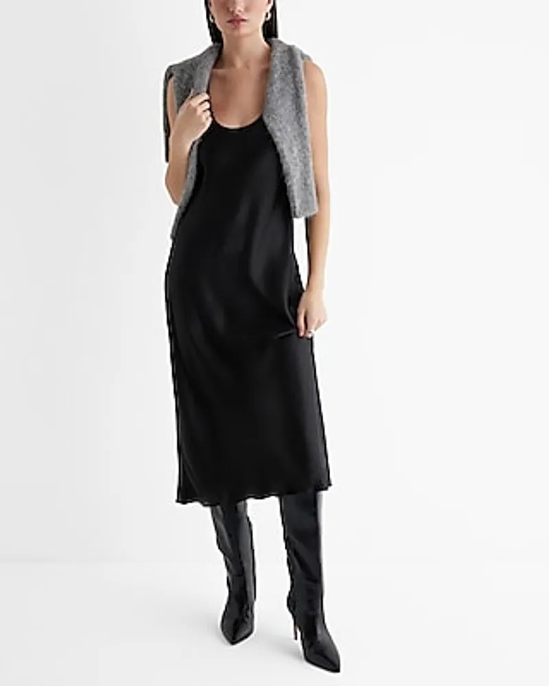 Cocktail & Party,Date Night Satin Scoop Neck Midi Slip Dress Black Women's