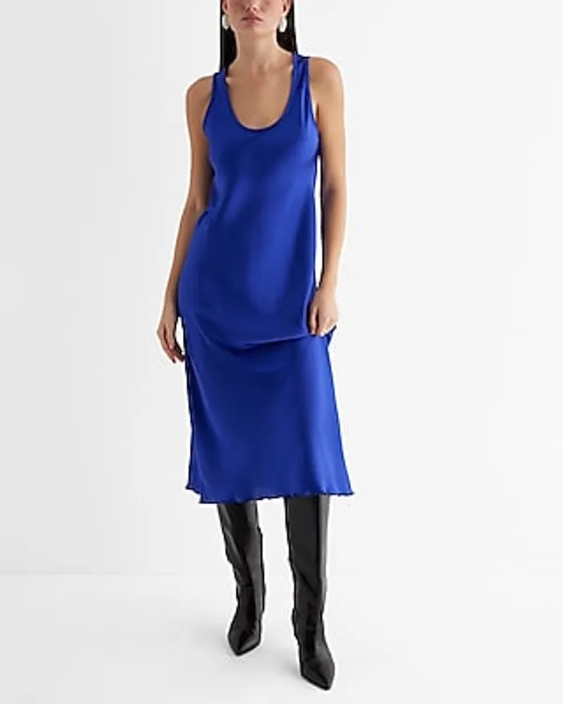 Cocktail & Party,Date Night Satin Scoop Neck Midi Slip Dress Blue Women's