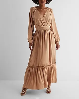 Cocktail & Party Satin Floral Jacquard V-Neck Tiered Maxi Dress Brown Women's XS