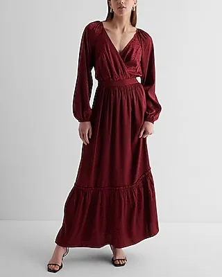 Cocktail & Party Satin Floral Jacquard V-Neck Tiered Maxi Dress Brown Women
