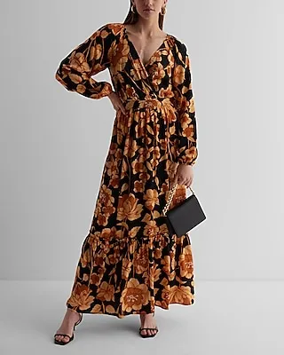 Floral V-Neck Long Sleeve Surplice Tiered Maxi Dress