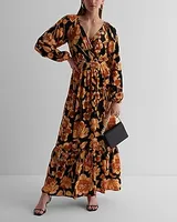 Floral V-Neck Long Sleeve Surplice Tiered Maxi Dress