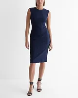 Work Twill Crew Neck Cap Sleeve Back Zipper Midi Dress Blue Women's XS