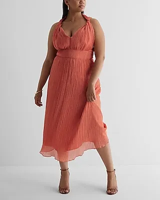 Cocktail & Party Pleated Twisted Halter Neck Midi Dress