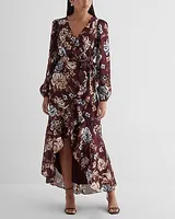 Floral Surplice Ruffle Hi-Lo Maxi Dress Red Women's XS