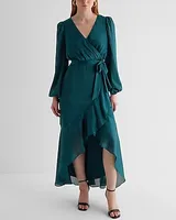 Satin Striped Surplice Ruffle Hi-Lo Maxi Dress Green Women's XS