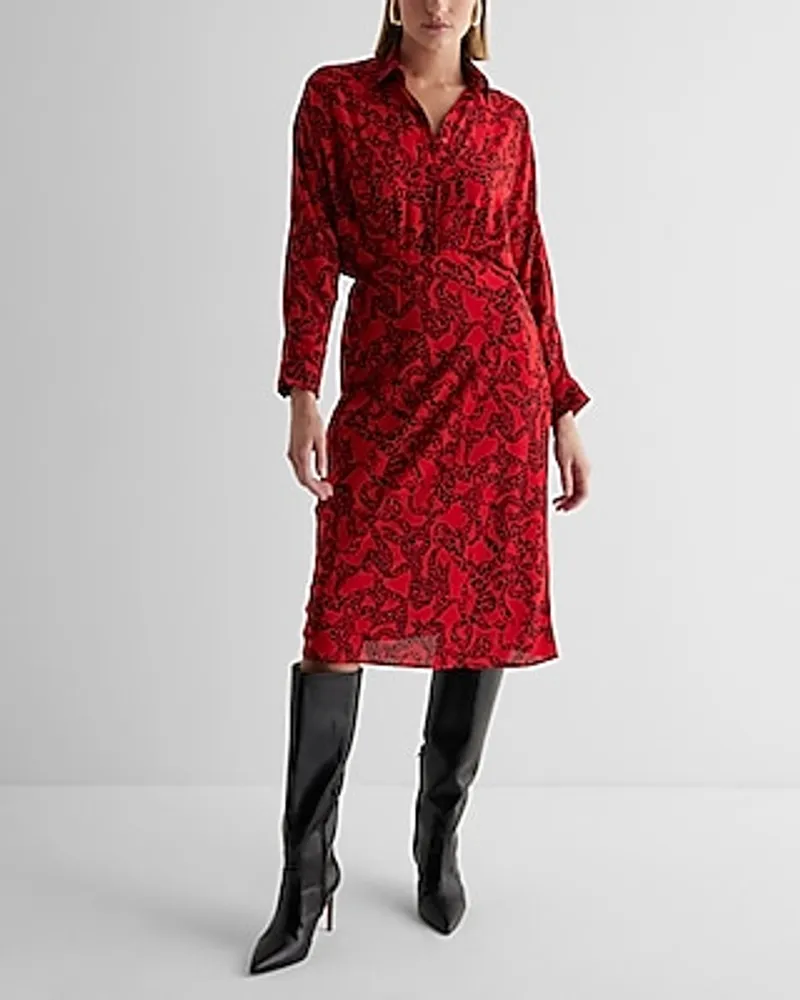 Work Printed Half Button Up Midi Portofino Shirt Dress