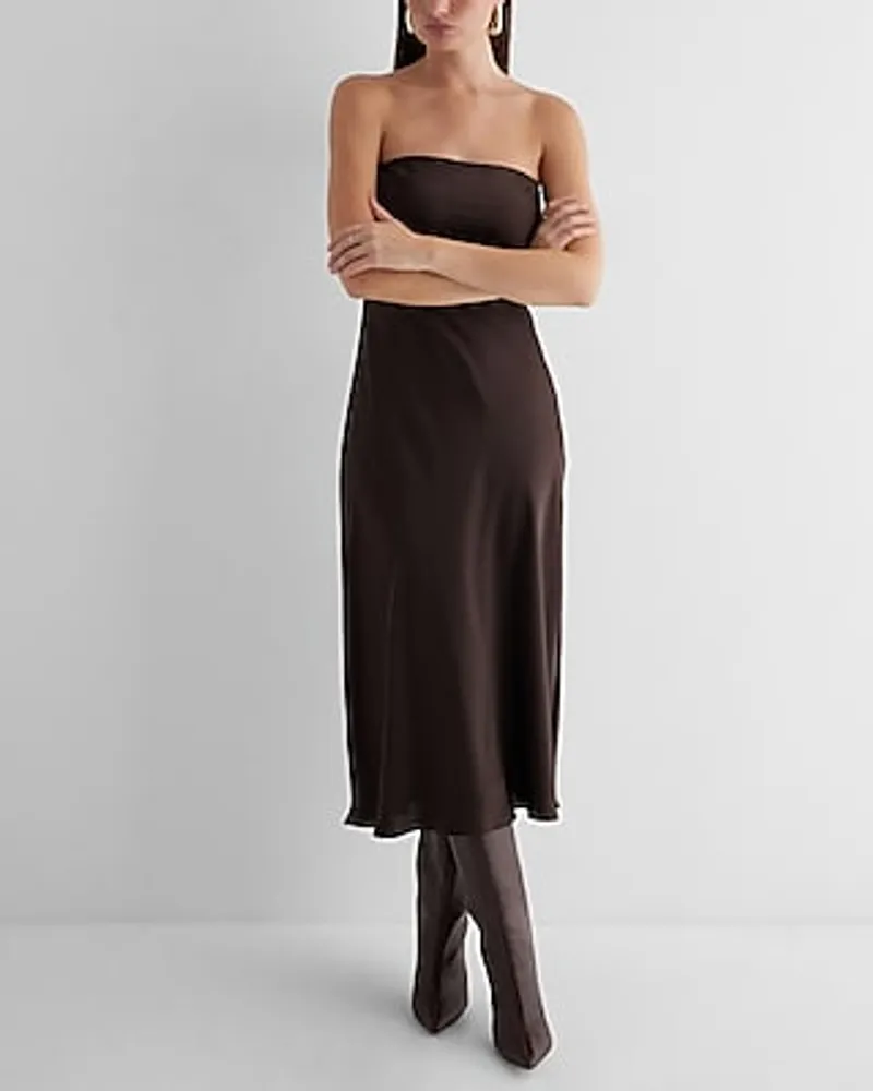 Cocktail & Party,Date Night,Bridal Shower Satin Strapless Midi Slip Dress Brown Women's S