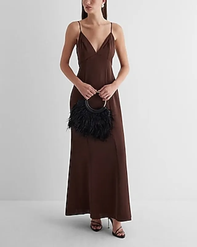 Express Cocktail & Party,Formal Satin V-Neck Empire Waist Maxi Slip Dress  Brown Women's L | MainPlace Mall