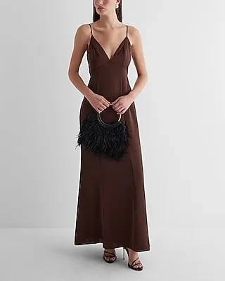 Cocktail & Party,Formal Satin V-Neck Empire Waist Maxi Slip Dress Brown Women's