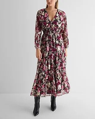 Cocktail & Party Metallic Floral V-Neck Long Sleeve Tiered Maxi Dress