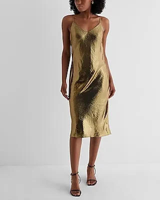 Cocktail & Party,Casual,Date Night Metallic V-Neck Downtown Cami Midi Slip Dress Gold Women's M