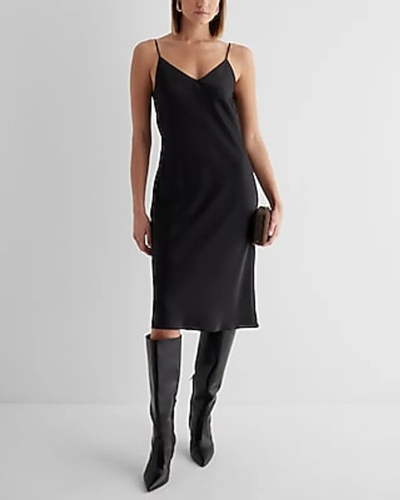 Cocktail & Party,Date Night Satin V-Neck Midi Downtown Cami Slip Dress Black Women's M