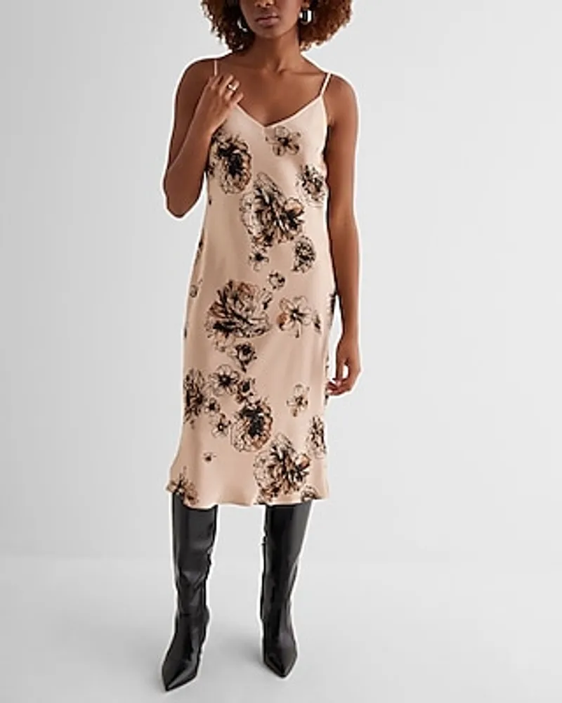 Casual,Cocktail & Party,Date Night,Vacation,Bridal Shower Floral Satin V-Neck Midi Downtown Cami Slip Dress