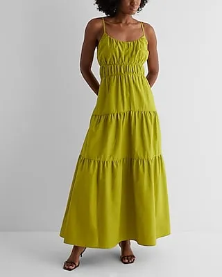 Casual,Vacation,Bridal Shower Scoop Neck Pleated Tiered Poplin Maxi Dress Green Women's S