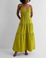 Casual,Vacation,Bridal Shower Scoop Neck Pleated Tiered Poplin Maxi Dress Green Women's XS