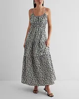 Casual,Vacation,Bridal Shower Floral Scoop Neck Pleated Tiered Poplin Maxi Dress