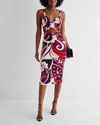 Cocktail & Party Printed Sweetheart Neckline Cutout Midi Dress