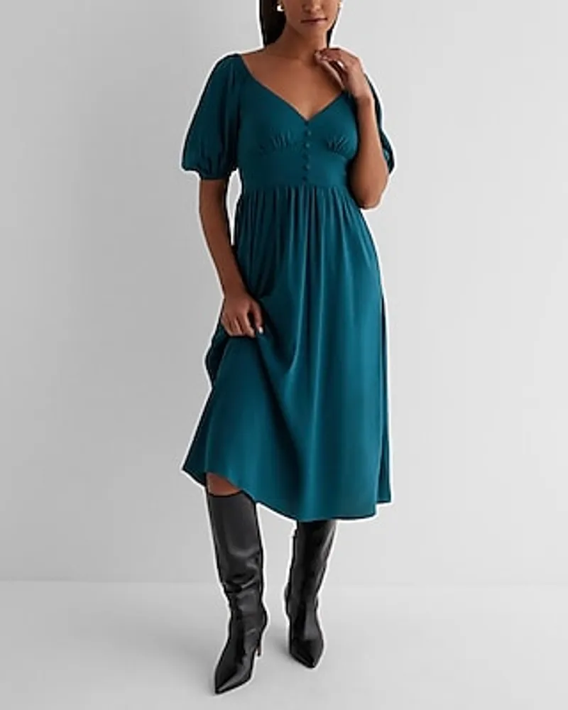 Express Date Night,Casual V-Neck Puff Sleeve Button Front Tie Back Midi  Dress Green Women's