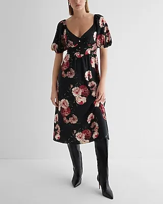 Date Night,Casual,Vacation Floral V-Neck Puff Sleeve Button Front Tie Back Midi Dress Multi-Color Women's S