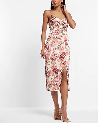 Cocktail & Party Floral Satin V-Neck Wrap Midi Dress