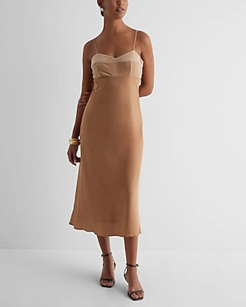 Date Night,Cocktail & Party,Formal Velvet Sweetheart Neckline Satin Slip Midi Dress Brown Women's XL