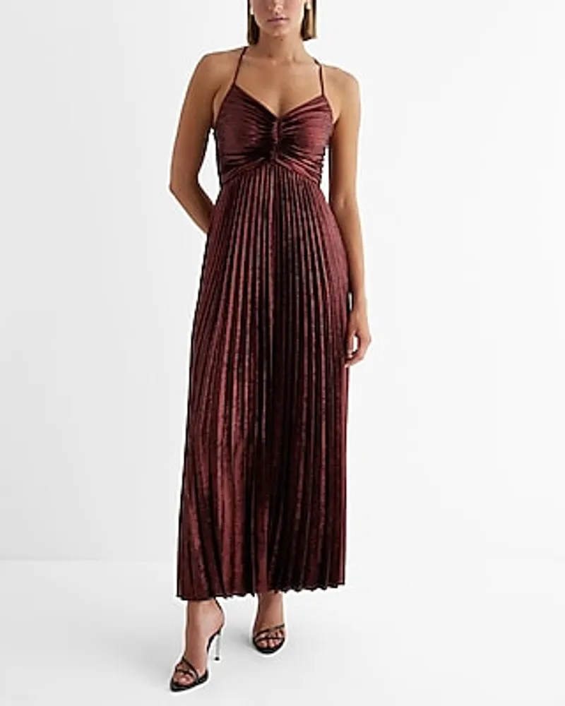 Cocktail & Party,Vacation,Formal Metallic V-Neck Pleated Cross Back Maxi Dress