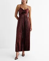 Cocktail & Party,Vacation,Formal Metallic V-Neck Pleated Cross Back Maxi Dress Red Women's XS