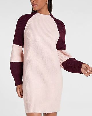 Casual Colorblock Mock Neck Shift Sweater Dress Pink Women's S