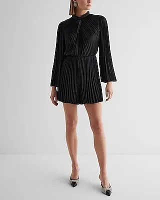 Date Night,Cocktail & Party Satin Pleated Twist Neck Long Sleeve Romper Black Women's S