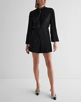 Date Night,Cocktail & Party Satin Pleated Twist Neck Long Sleeve Romper Black Women's M